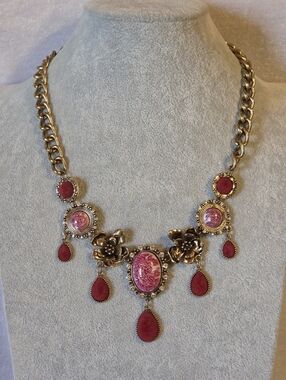 Gold-Tone Pink Statement Floral Pendant Necklace